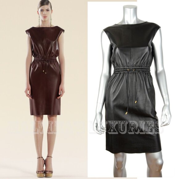 GUCCI DRESS BLACK LEATHER DRAWSTRING WAIST sz IT 42 US